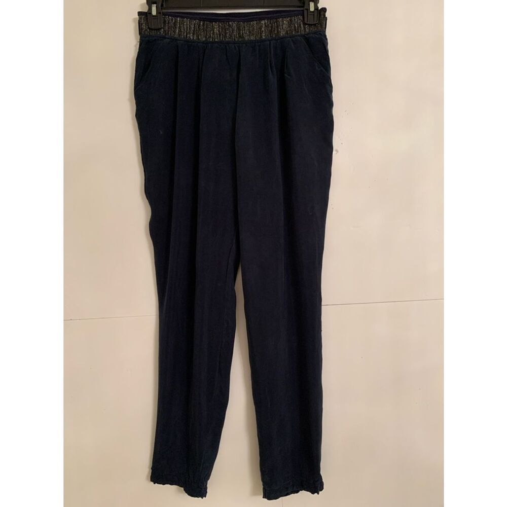 Women Navy Elastic Waist Silk Pockets Pants Size XS
